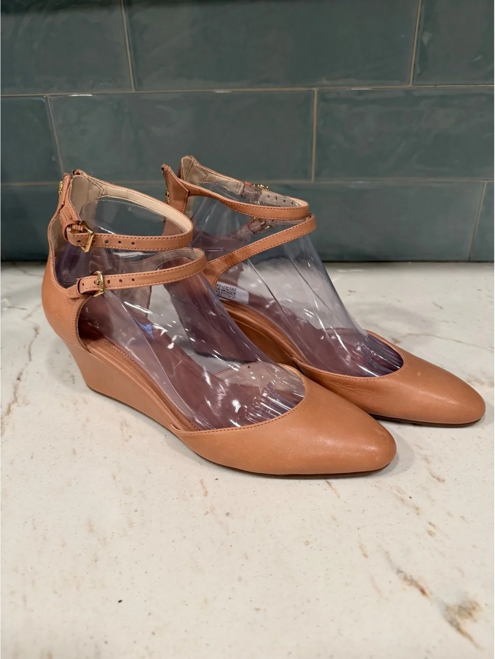 Cole Haan Grand.OS Leather Double Ankle Strap Wedge Pumps - Tan / Nude Sz